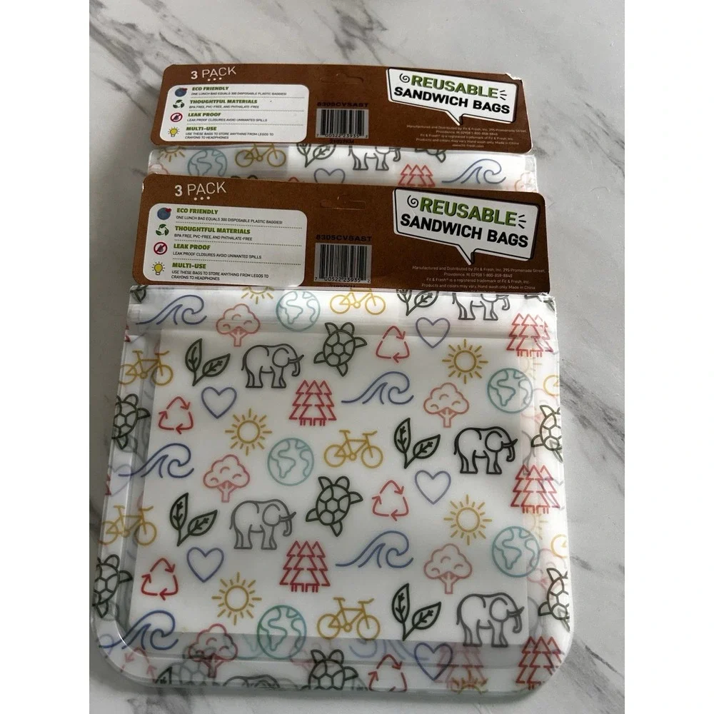 Reusable Sandwich Bags Eco-Friendly Leakproof Planet Animals Lot of 6 Bags DDD